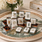 Elegant American Mahjong tiles with lotus, leopard, and chinoiserie design