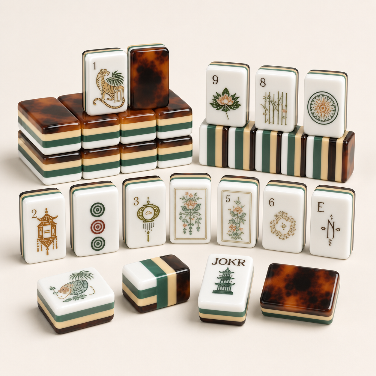 Luxury acrylic American Mahjong tile set with tortoise-shell inspired backing