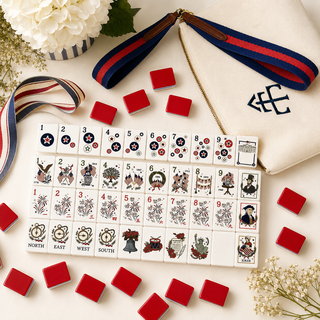 American Heritage Mahjong kit displayed with red racks and matching game accessories