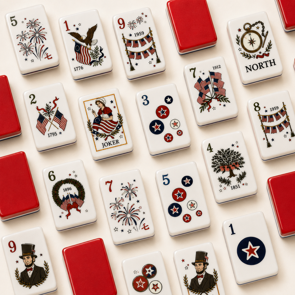 American Heritage Mahjong kit with patriotic red white and blue American Mahjong tiles