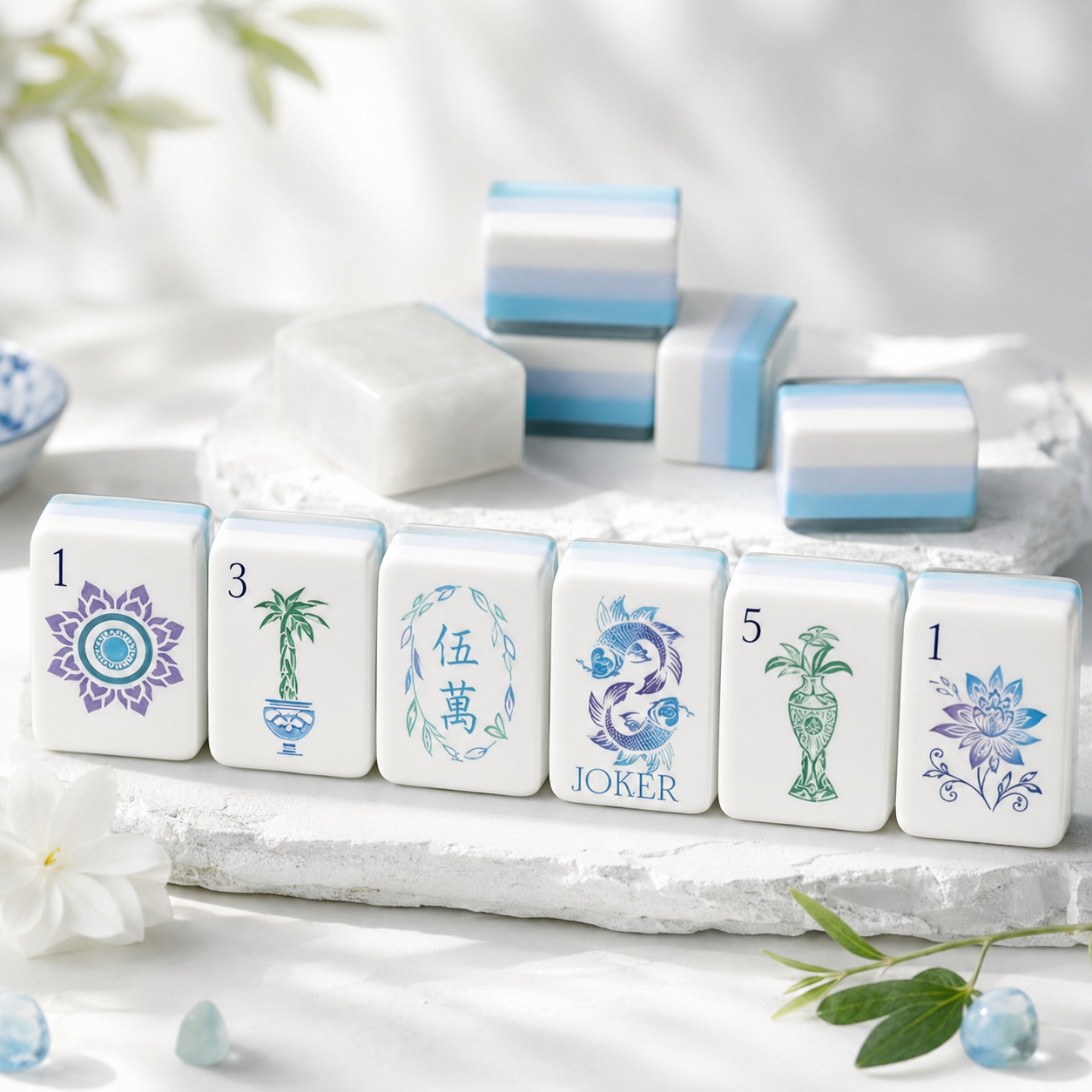 Blue Lotus American Mahjong acrylic tiles with koi fish, bamboo, lotus, and floral artwork