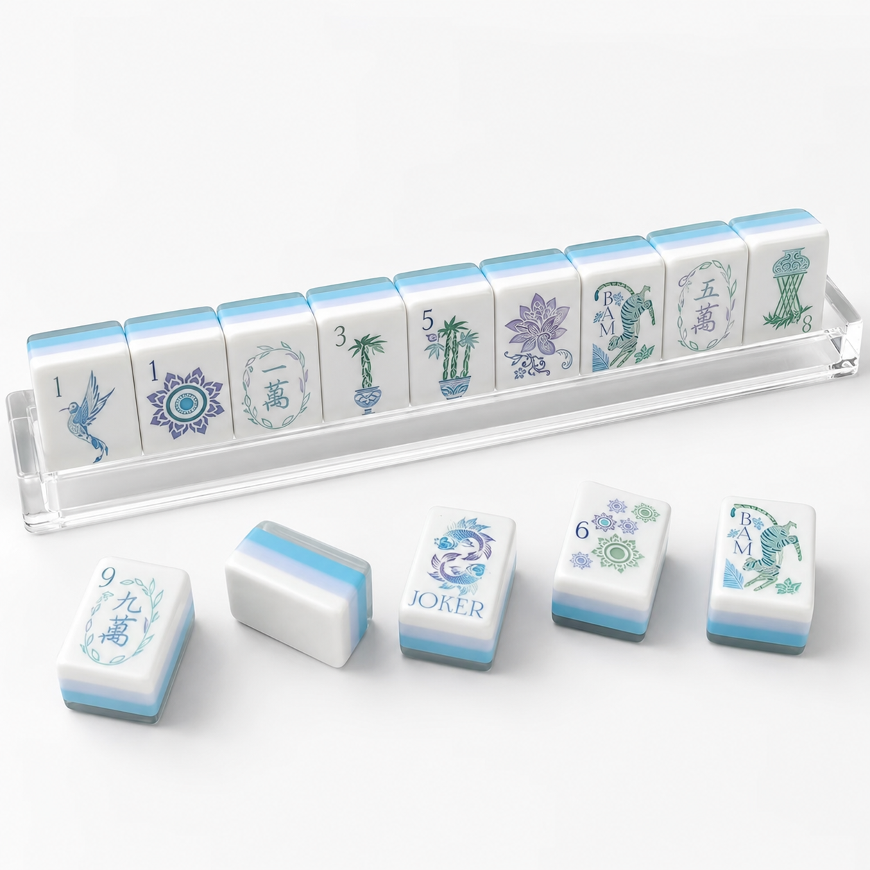 Blue and white American Mahjong tiles set displayed with floral styling