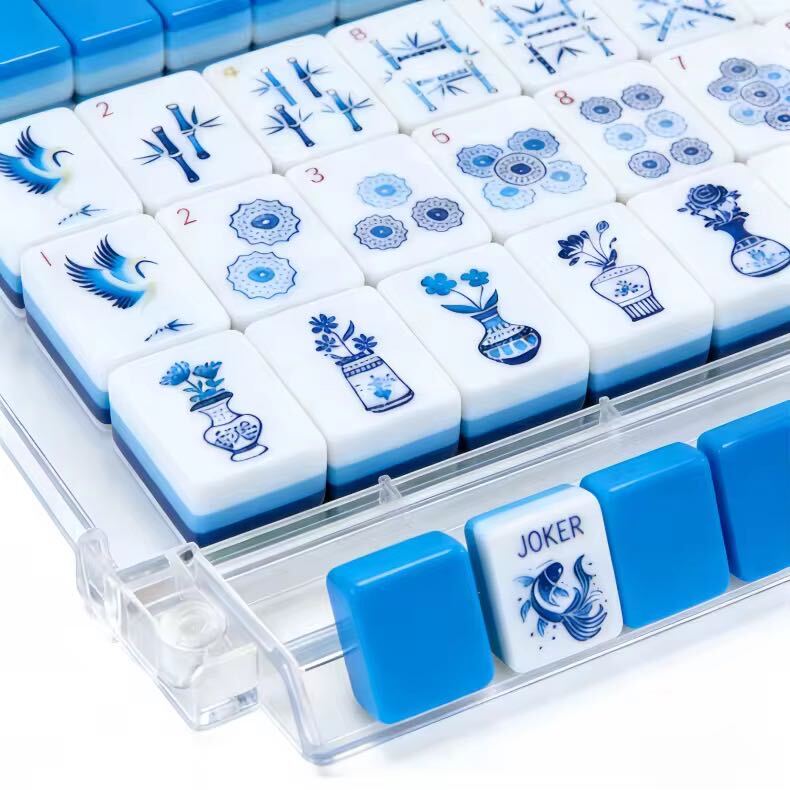Blue Porcelain American Mahjong tiles with crane, bamboo, floral, and vase artwork