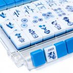 Blue Porcelain American Mahjong tiles with crane, bamboo, floral, and vase artwork