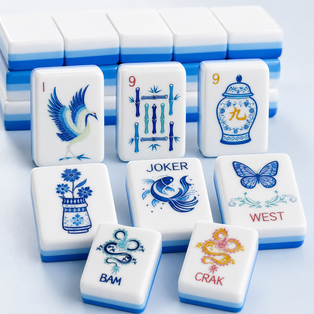 Set of white and blue mahjong tiles with various symbols and text on a light blue background.