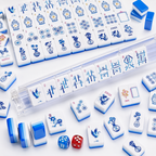 Blue Porcelain Mahjong tiles displayed in clear racks