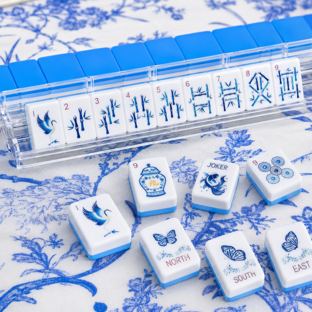 Blue Porcelain Mahjong tiles displayed in clear racks