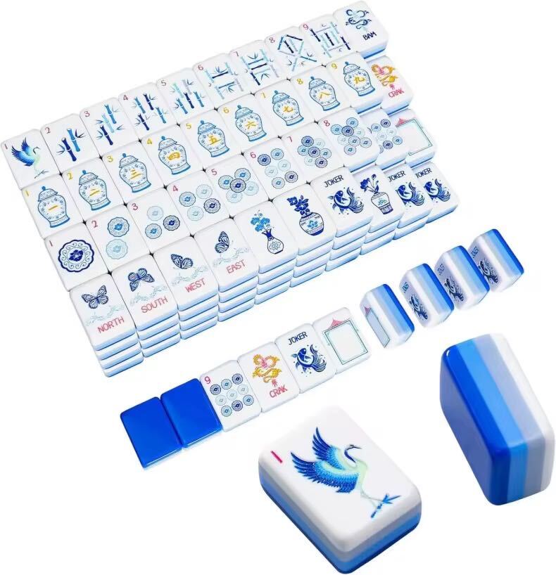 Blue and white acrylic Mahjong tiles in a chinoiserie-inspired design