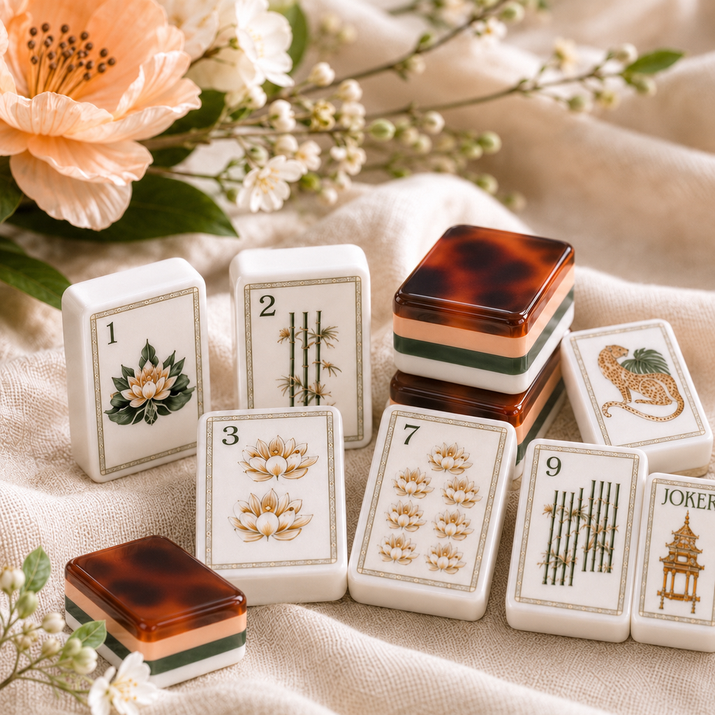 Luxury acrylic American Mahjong tile set with tortoise-shell inspired backing