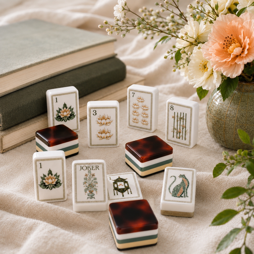 Set of decorative playing cards with tortoiseshell accents on a soft surface with flowers and books in the background.