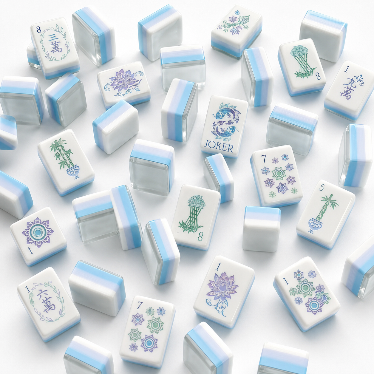 White and blue tiles with various symbols and numbers on a white background