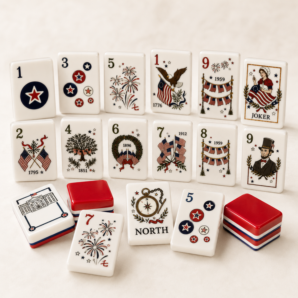 Set of decorative patriotic mahjong with various designs on a white background