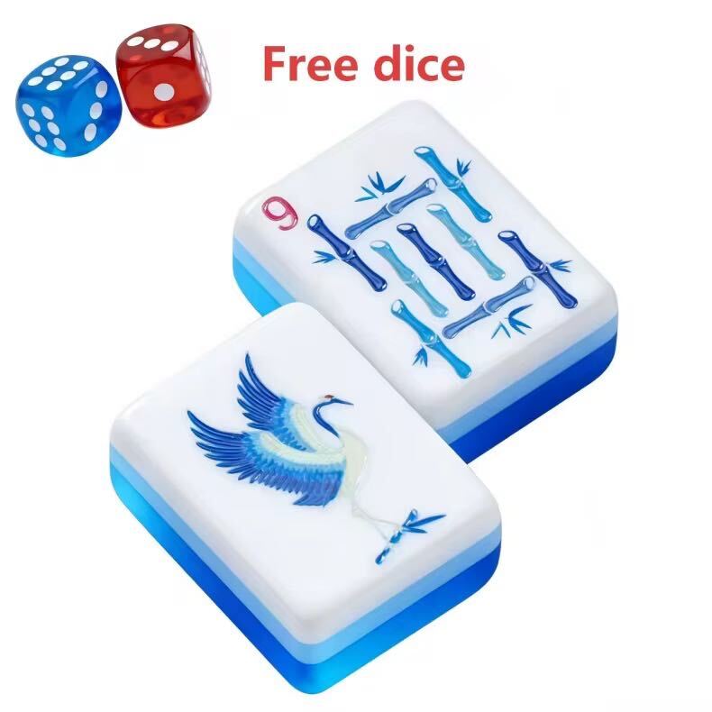 Elegant blue Mahjong tile set with crane and floral details