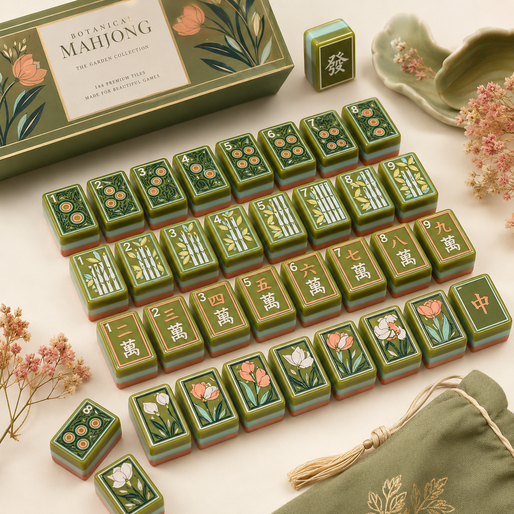 Green botanical American Mahjong tile set with floral and tulip designs