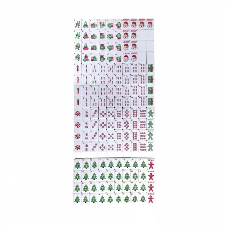 A Christmas-themed mahjong tile set for holiday game nights, festive gifting, and seasonal display. The red, green, and white layered tiles include Christmas trees, candy canes, Santa-style jokers, and other holiday details.