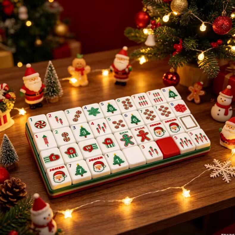 A Christmas-themed mahjong tile set for holiday game nights, festive gifting, and seasonal display. The red, green, and white layered tiles include Christmas trees, candy canes, Santa-style jokers, and other holiday details.