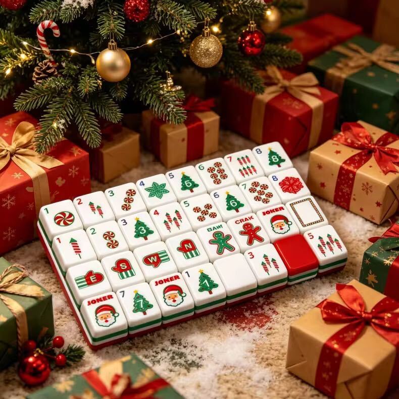 A Christmas-themed mahjong tile set for holiday game nights, festive gifting, and seasonal display. The red, green, and white layered tiles include Christmas trees, candy canes, Santa-style jokers, and other holiday details.