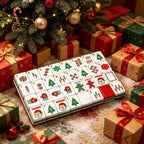 A Christmas-themed mahjong tile set for holiday game nights, festive gifting, and seasonal display. The red, green, and white layered tiles include Christmas trees, candy canes, Santa-style jokers, and other holiday details.