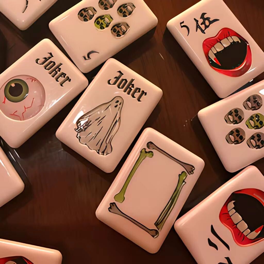 A gothic-inspired mahjong tile set made for Halloween game nights, dark fantasy collectors, and players who want a bold alternative to traditional mahjong tiles. The design includes snakes, skulls, vampire teeth, spiders, bats, roses, and gothic-style jokers on a soft pink tile base.