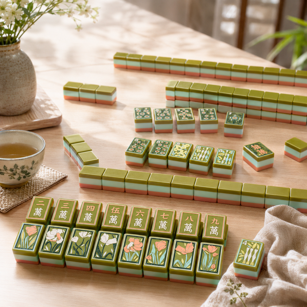 Olive green acrylic Mahjong tiles with layered coral and ivory edges