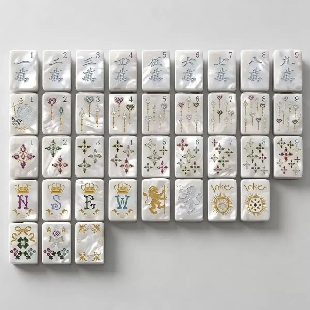 Luxury acrylic Mahjong tiles with pearl finish, gold details, and colorful jewel accents