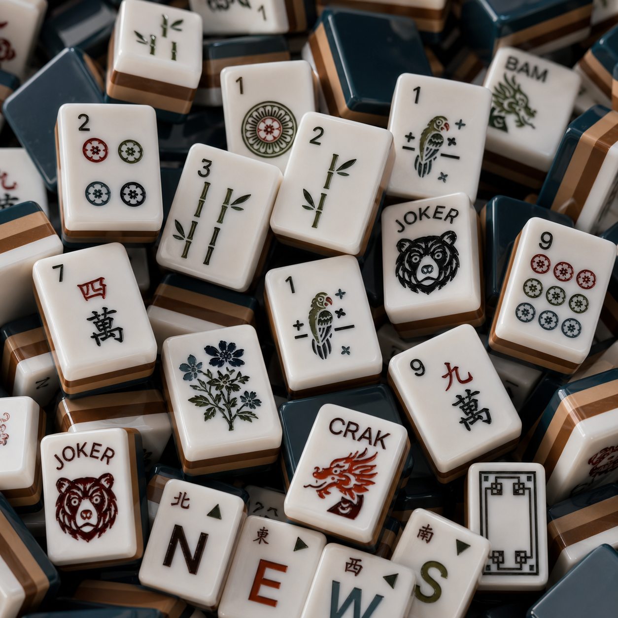 Woodland Mahjong set displayed with racks for a cozy game night