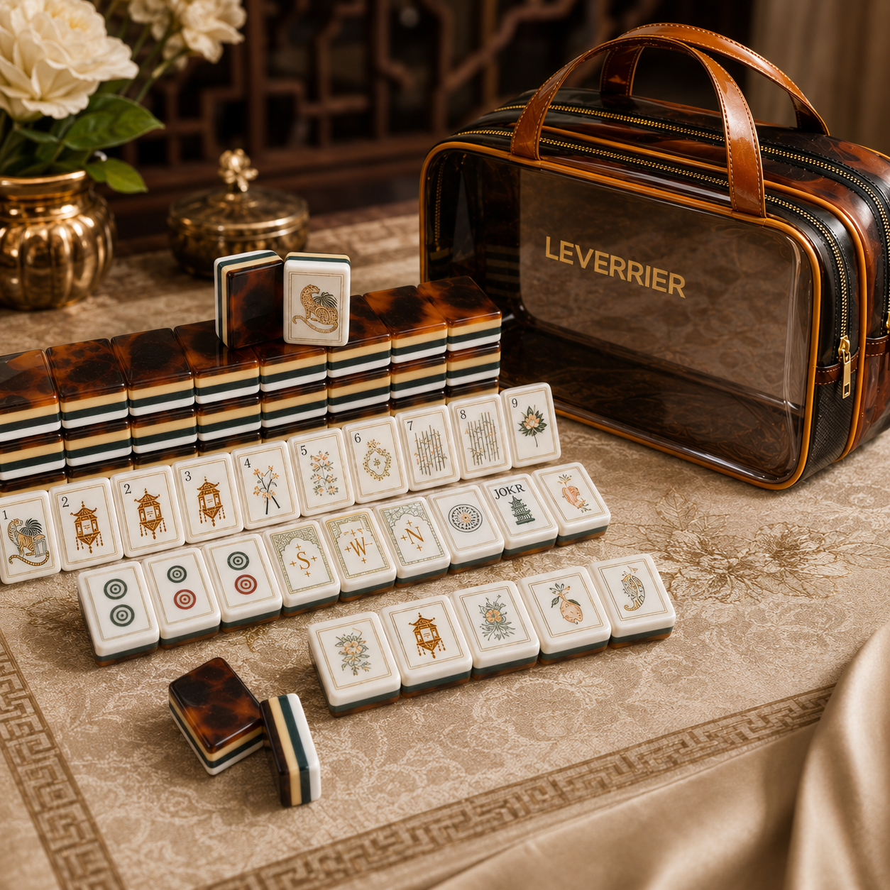 Leopard Lotus American Mahjong Kit (Tiles + Rack + Mat + Bag)
