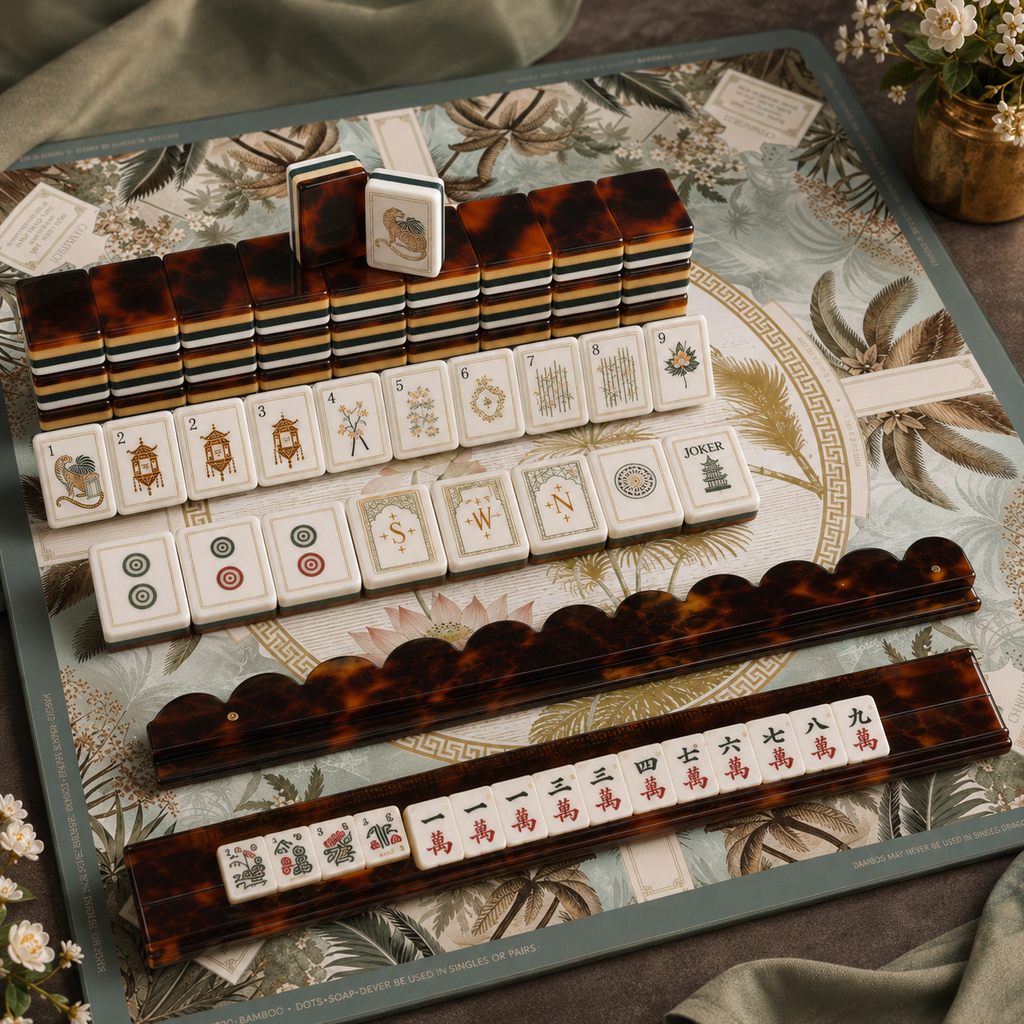 Leopard Lotus American Mahjong Kit (Tiles + Rack + Mat + Bag)