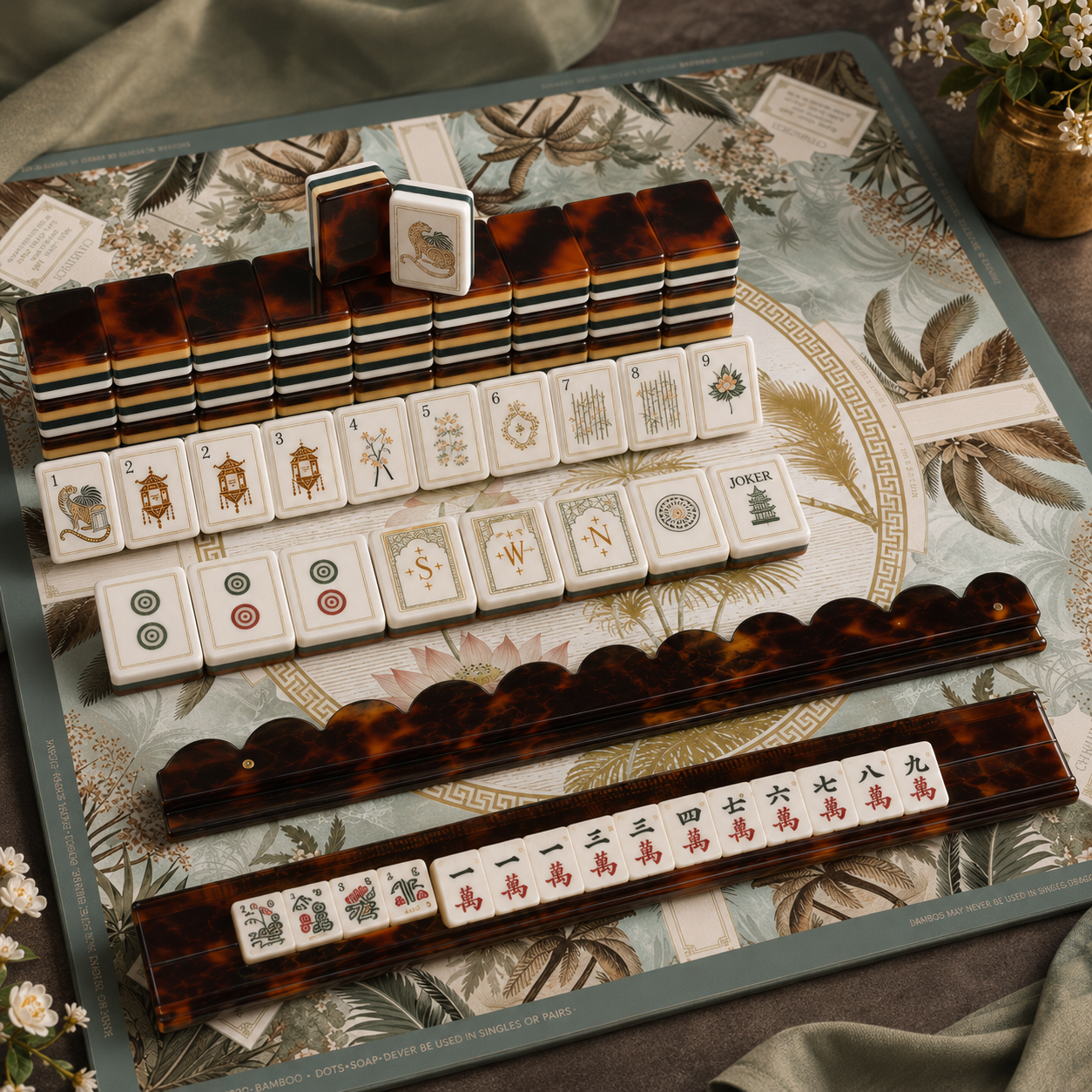 Leopard Lotus American Mahjong Kit (Tiles + Rack + Mat + Bag)